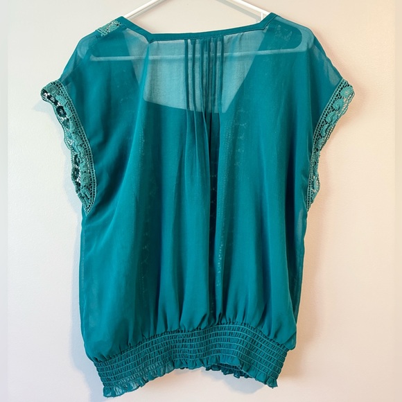 Daniel Rainn Sheer Turquoise Lace Blouse Size M - Picture 2 of 4